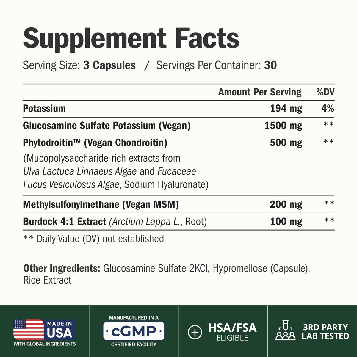 Vimerson Health Compléments Alimentaires Végétaliens Glucosamine Chondroïtine 1500 mg - vue arrière