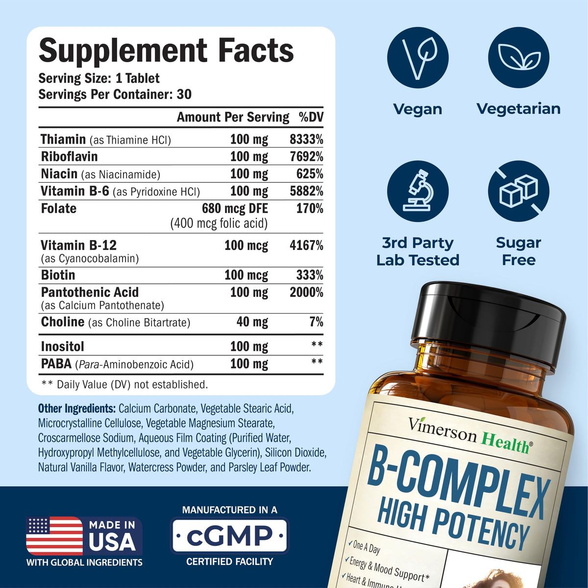 Vimerson Health Complexe de Vitamines B 400mcg étiquette avec ingrédients