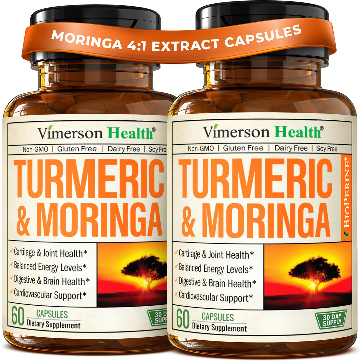 Vimerson Health gélules de Moringa 4:1 avec curcuma, vue de face