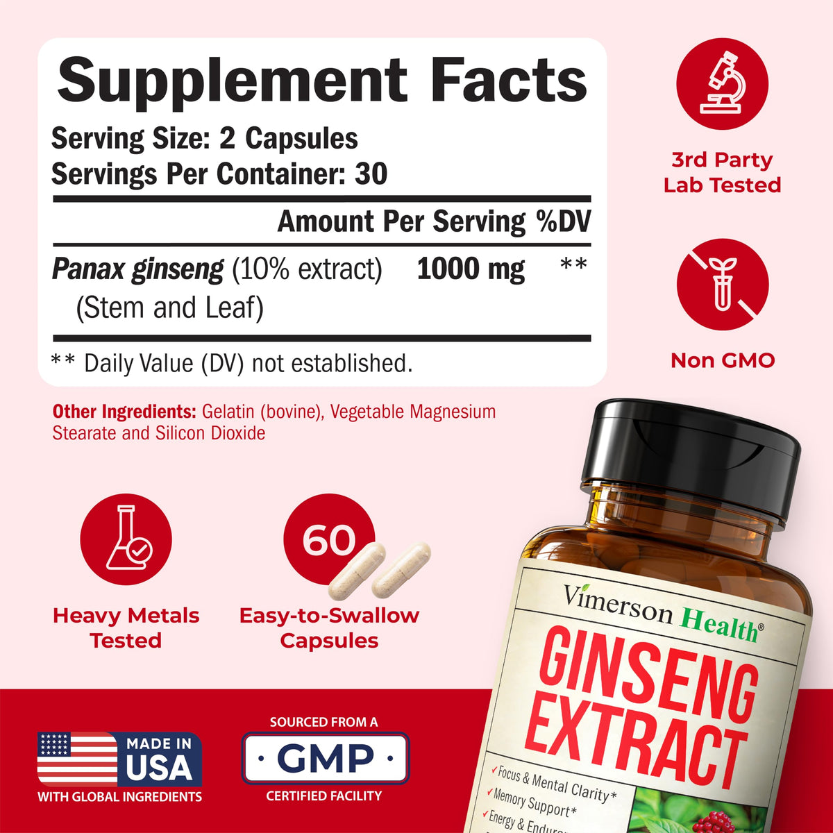 Vimerson Health Ginseng Panax 1000mg étiquette