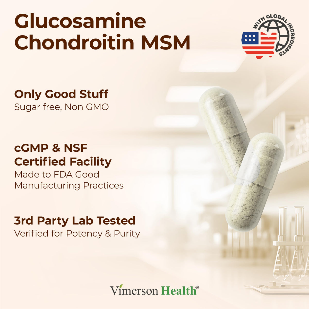 Vimerson Health Glucosamine Chondroitine MSM capsules avec un verre d'eau