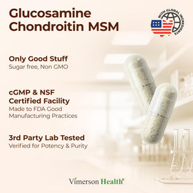 Vimerson Health Glucosamine Chondroitine MSM capsules avec un verre d'eau