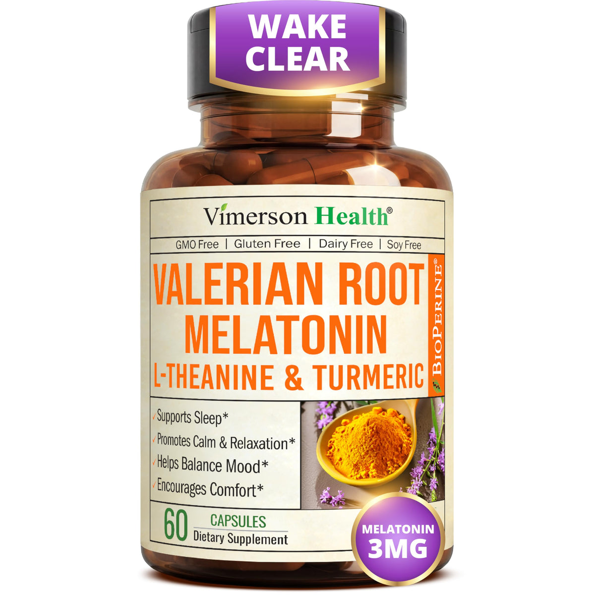 Vimerson Health Melatonine 3mg et Racine de Valériane, vue avant du flacon