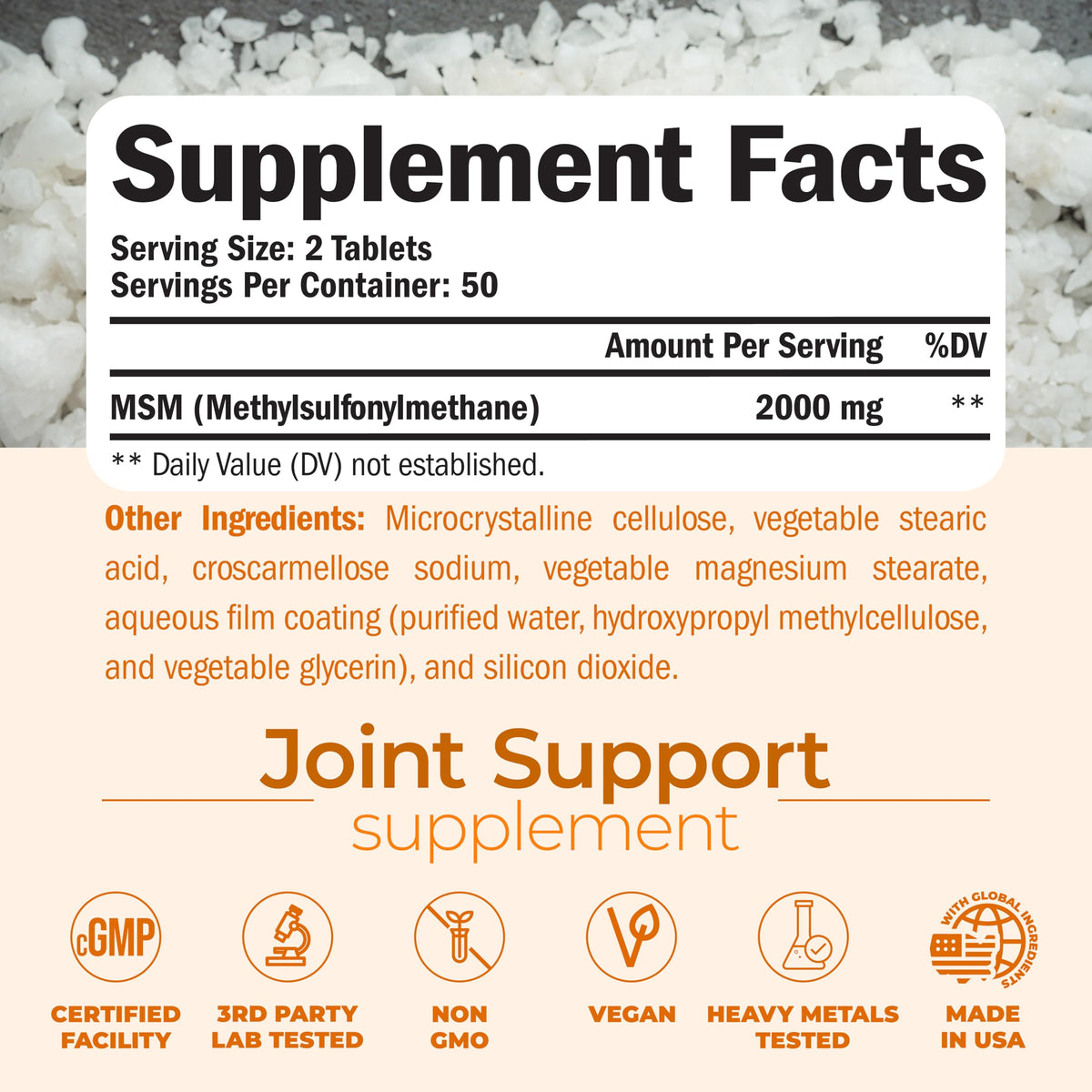 Vimerson Health MSM 2000mg comprimés sur une surface blanche