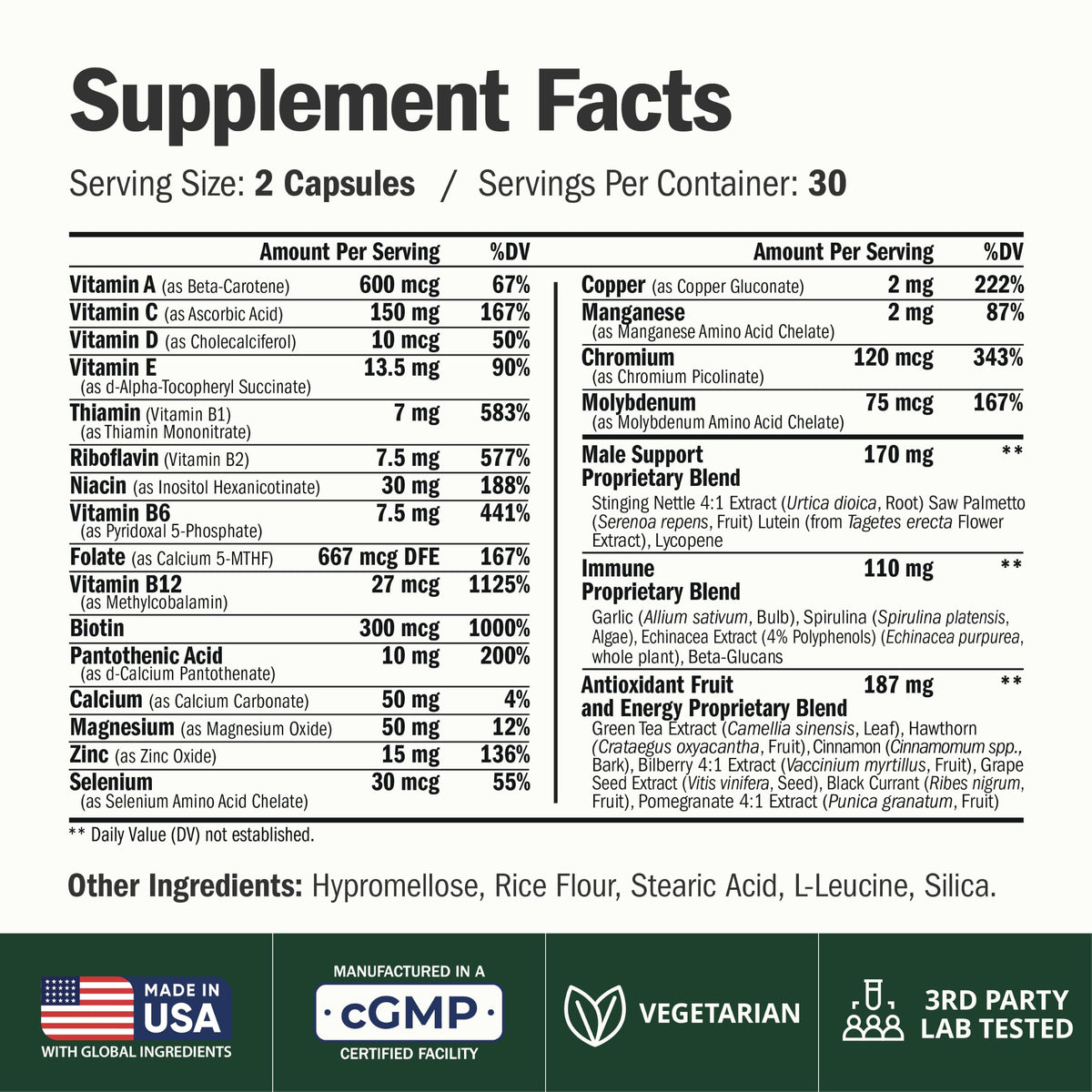 Vimerson Health Multivitamines pour Hommes 60 Capsules - étiquette