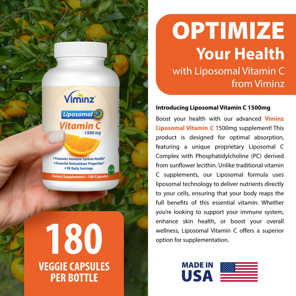 Viminz Vitamine C Liposomale 1500mg 180 capsules avec étiquette