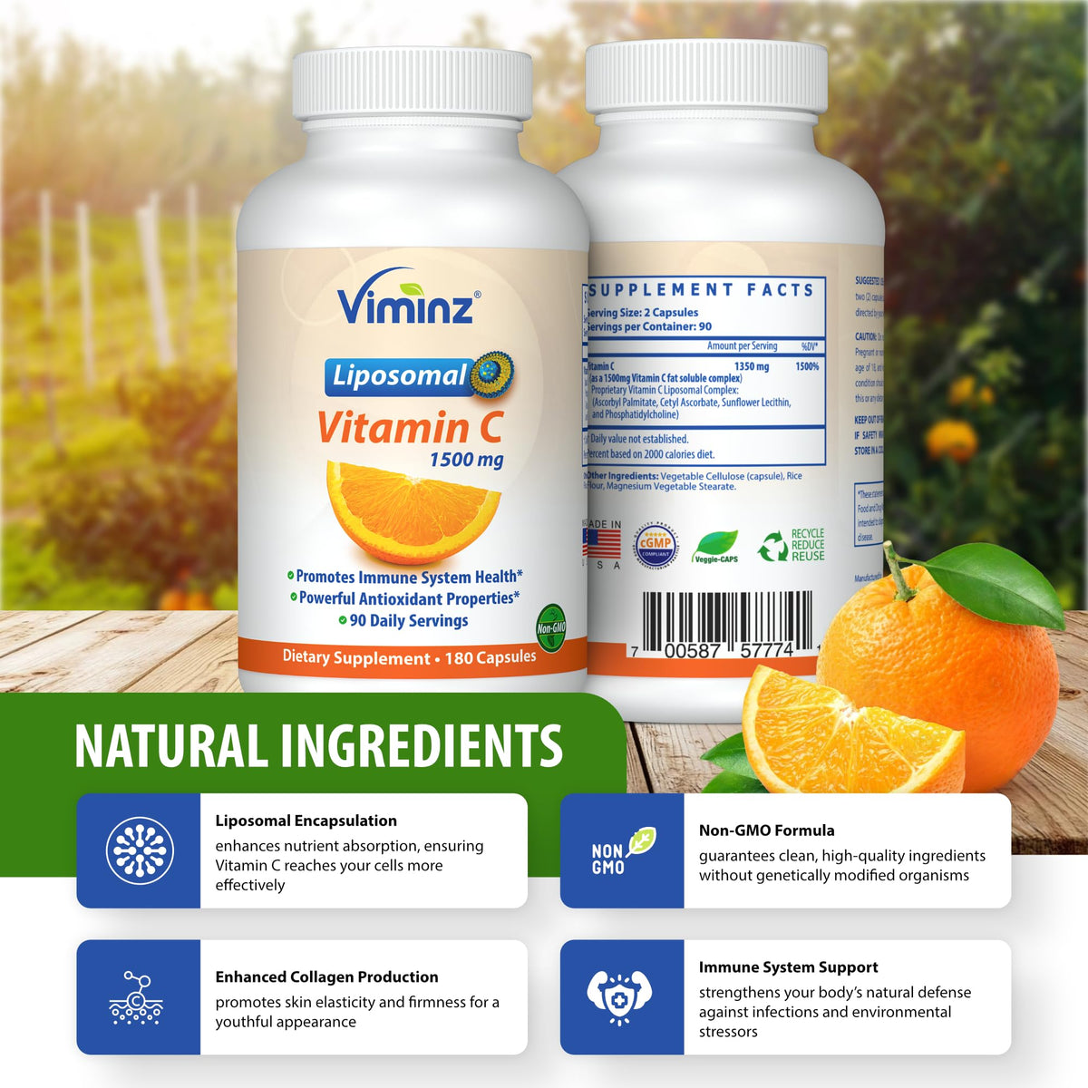 Viminz Vitamine C Liposomale 1500mg 180 capsules sur fond blanc