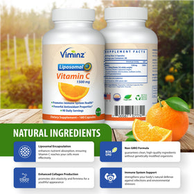 Viminz Vitamine C Liposomale 1500mg 180 capsules sur fond blanc