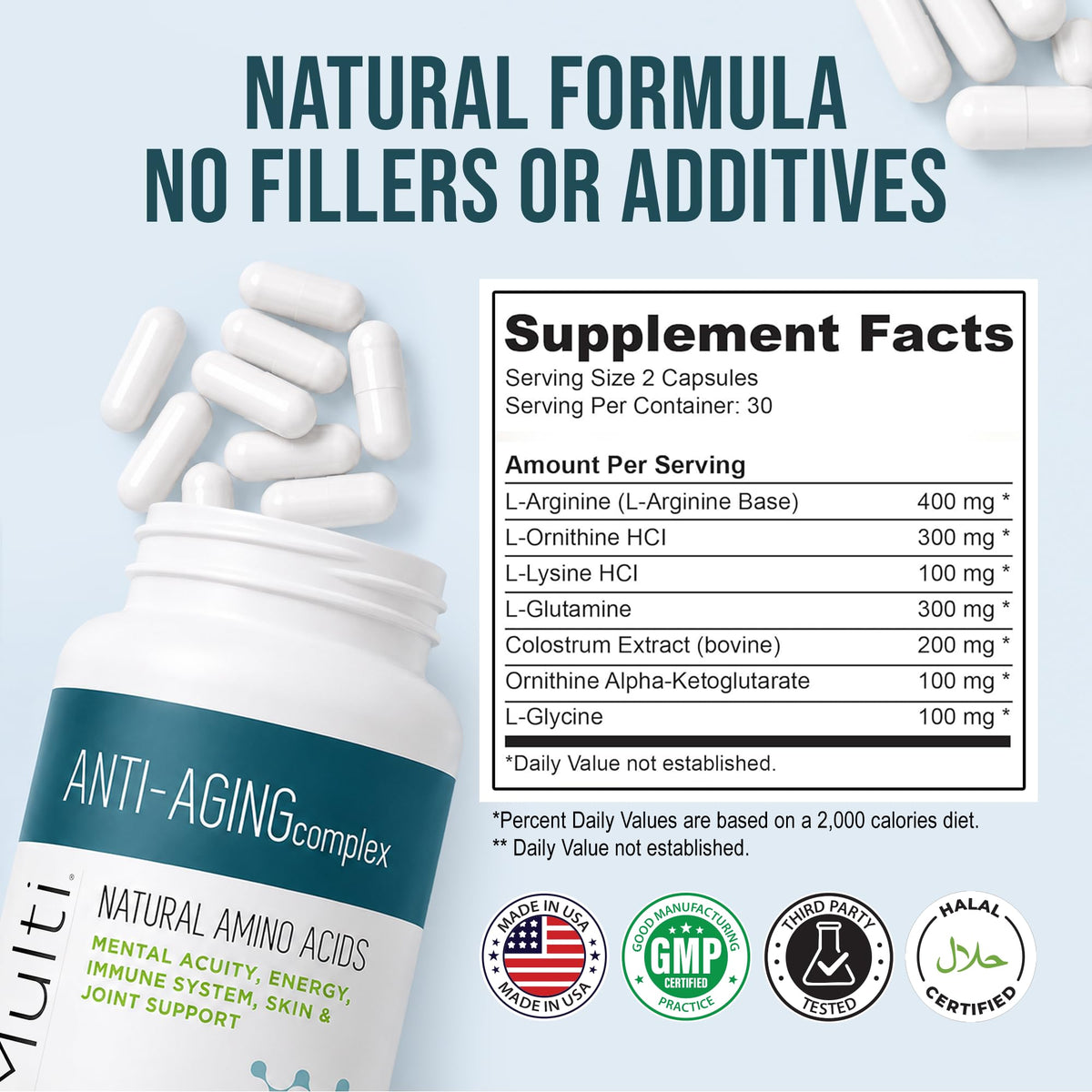 ViMulti Complément Alimentaire Amino Acides Capsules visibles dans un flacon