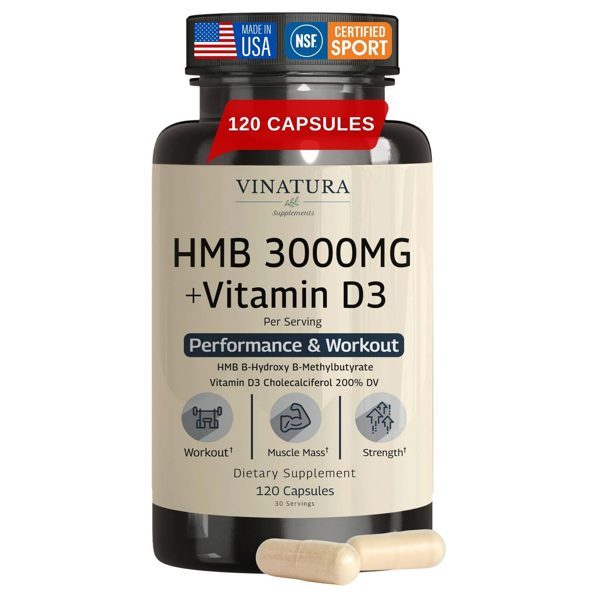 VINATURA HMB 3000mg et Vitamine D3 120 capsules vue de face
