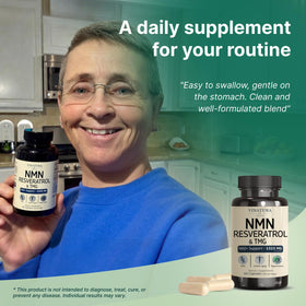 VINATURA NMN Complex 1325MG capsules on a wooden table