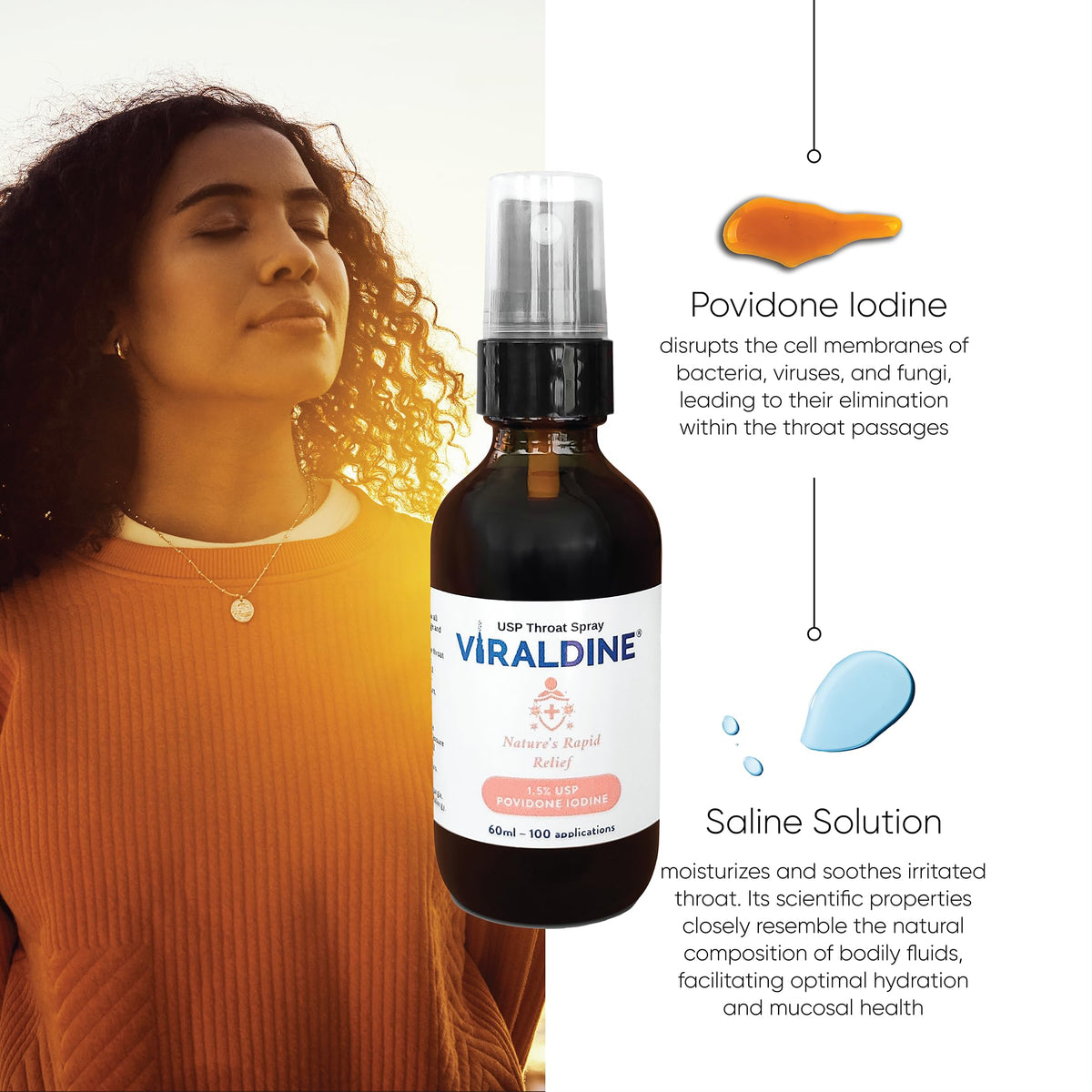 VIRALDINE Spray de Gorge 1,5% Povidone-Iode avec nozzle de pulvérisation
