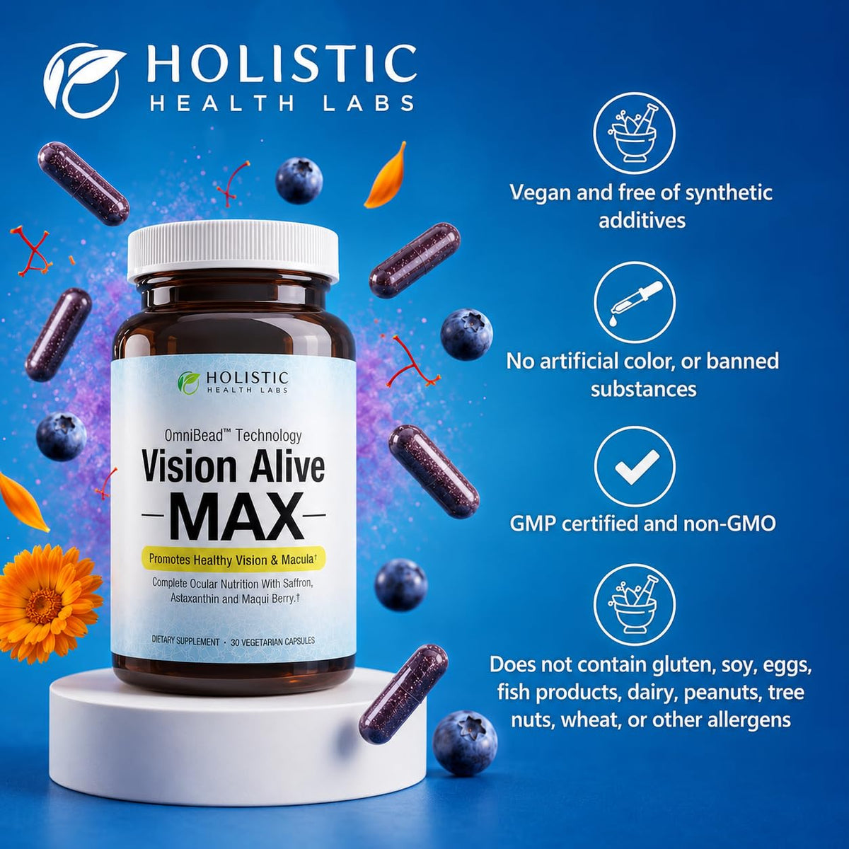 Vision Alive Max Complément Alimentaire sur une table avec des baies