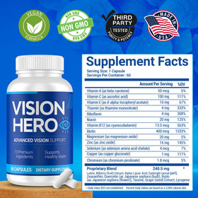 Vision Hero Compléments Alimentaires pour la Santé des Yeux, bouteille ouverte avec capsules