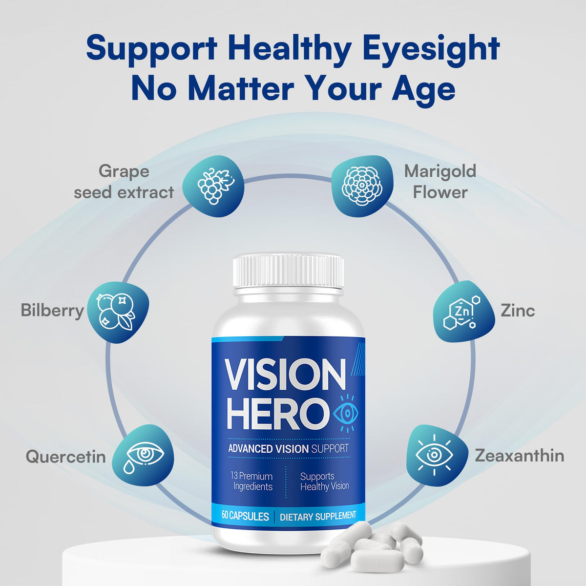 Vision Hero Compléments Alimentaires pour la Santé des Yeux, capsules en gros plan