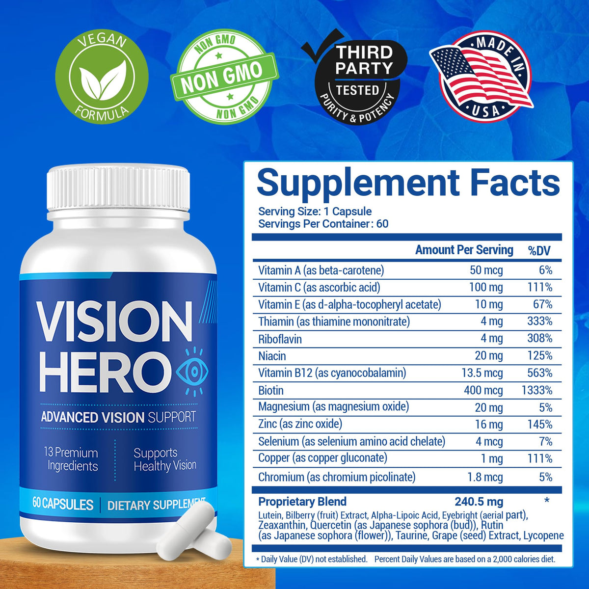 Vision Hero Compléments Alimentaires pour les Yeux - 60 capsules sur une table