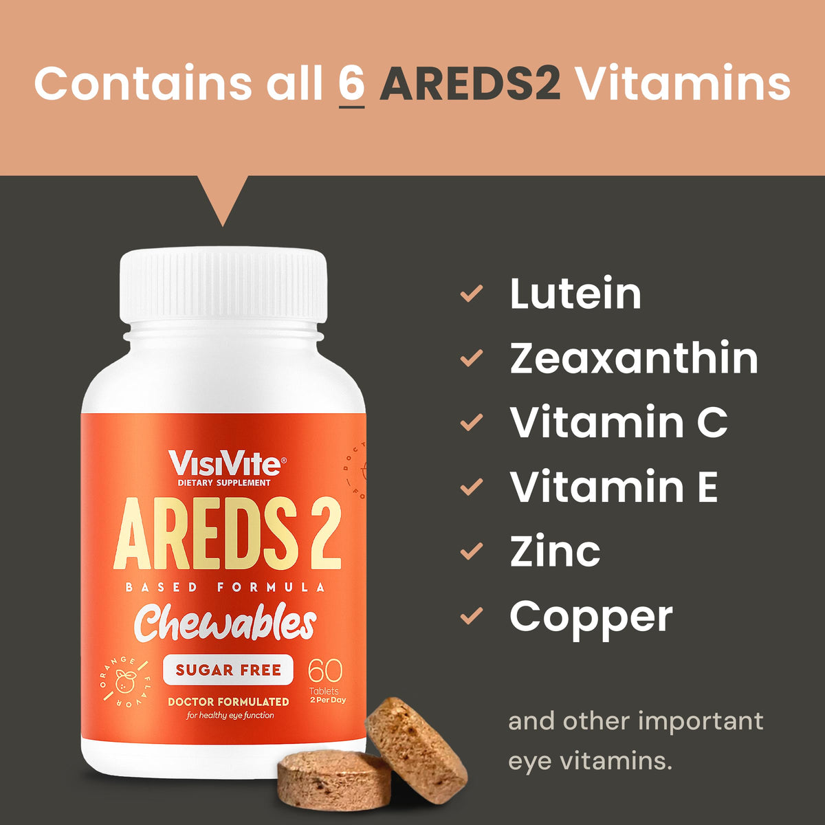 VisiVite AREDS 2 comprimés à mâcher avec une main tenant le produit