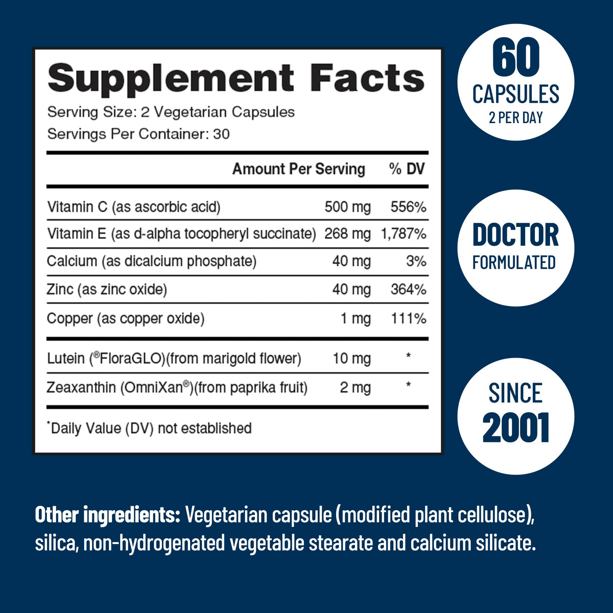 VisiVite Luteine 60 capsules avec étiquettes nutritionnelles