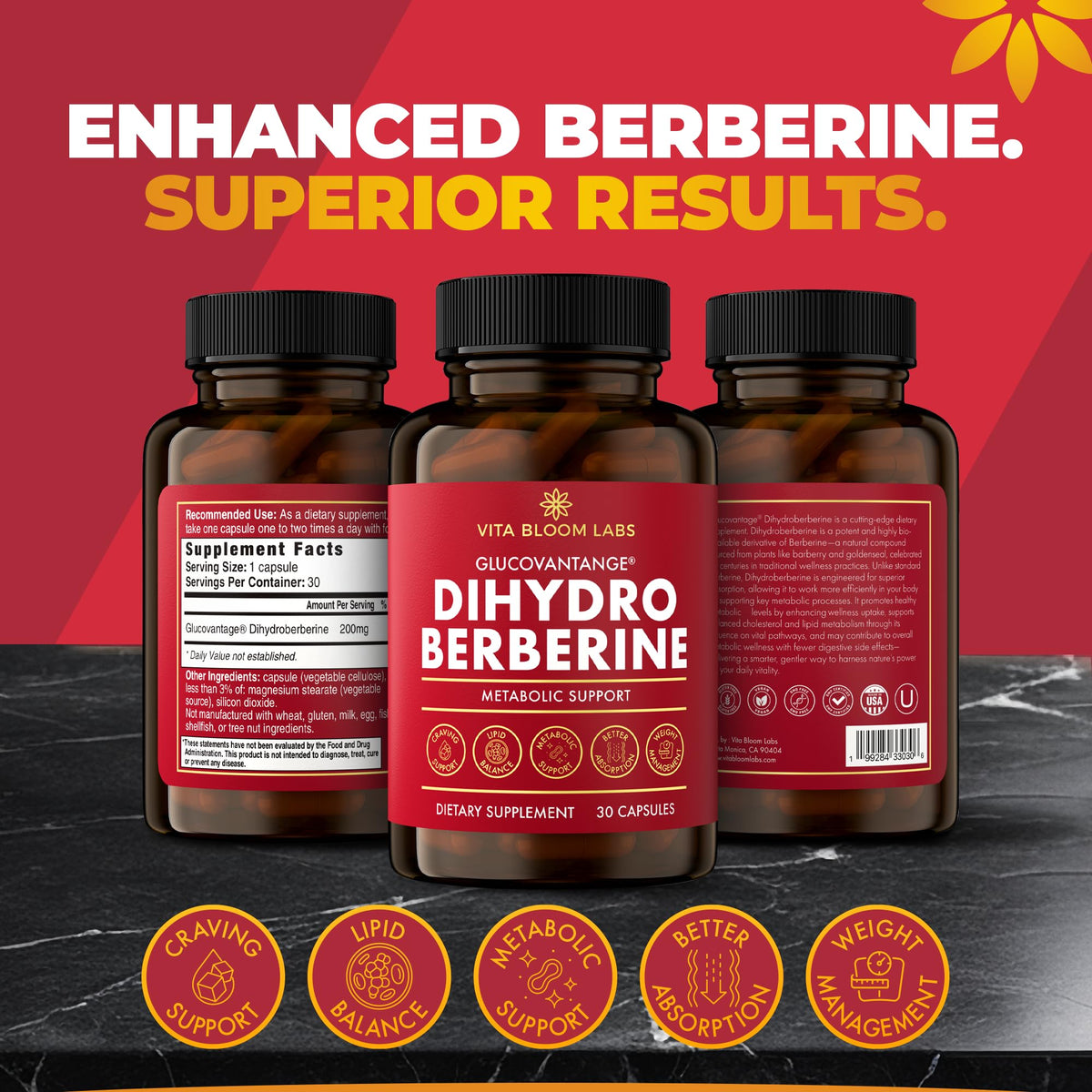 Vita Bloom Labs GlucoVantage Dihydroberberine 200mg étiquette avec ingrédients