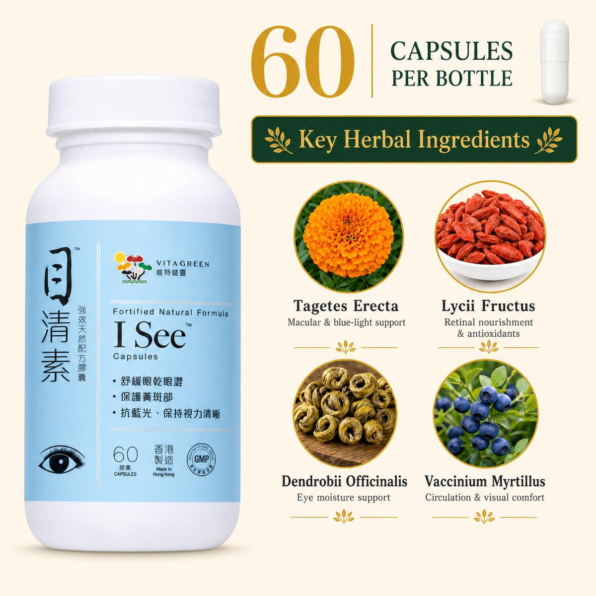 Vita Green Complément Oculaire Luthéine Zéaxanthine 60 Capsules côté