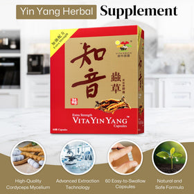 Vita Green Mycélium de Cordyceps Yin Yang - flacon ouvert avec capsules