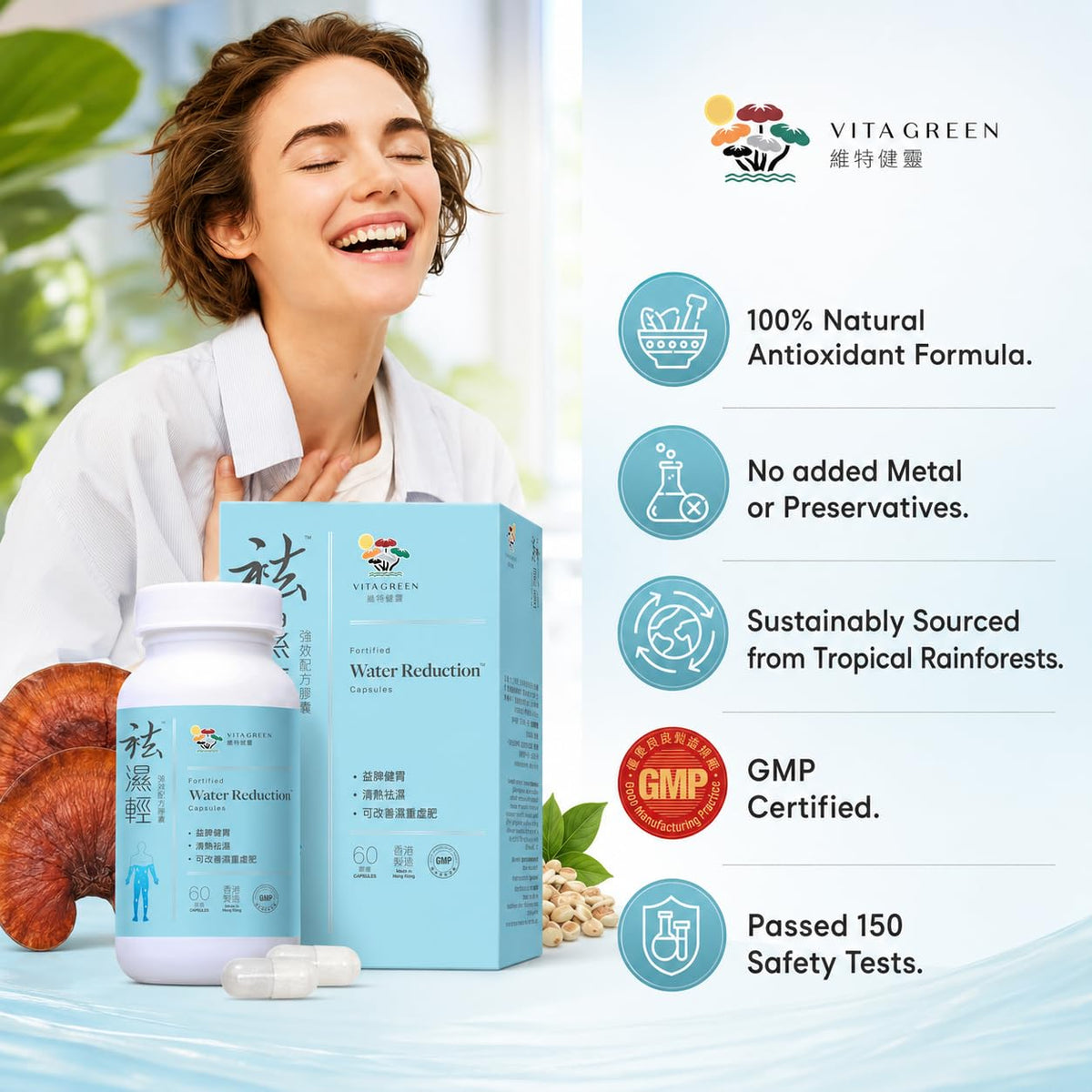 Vita Green Réduction d'Eau capsules à côté d'un verre d'eau