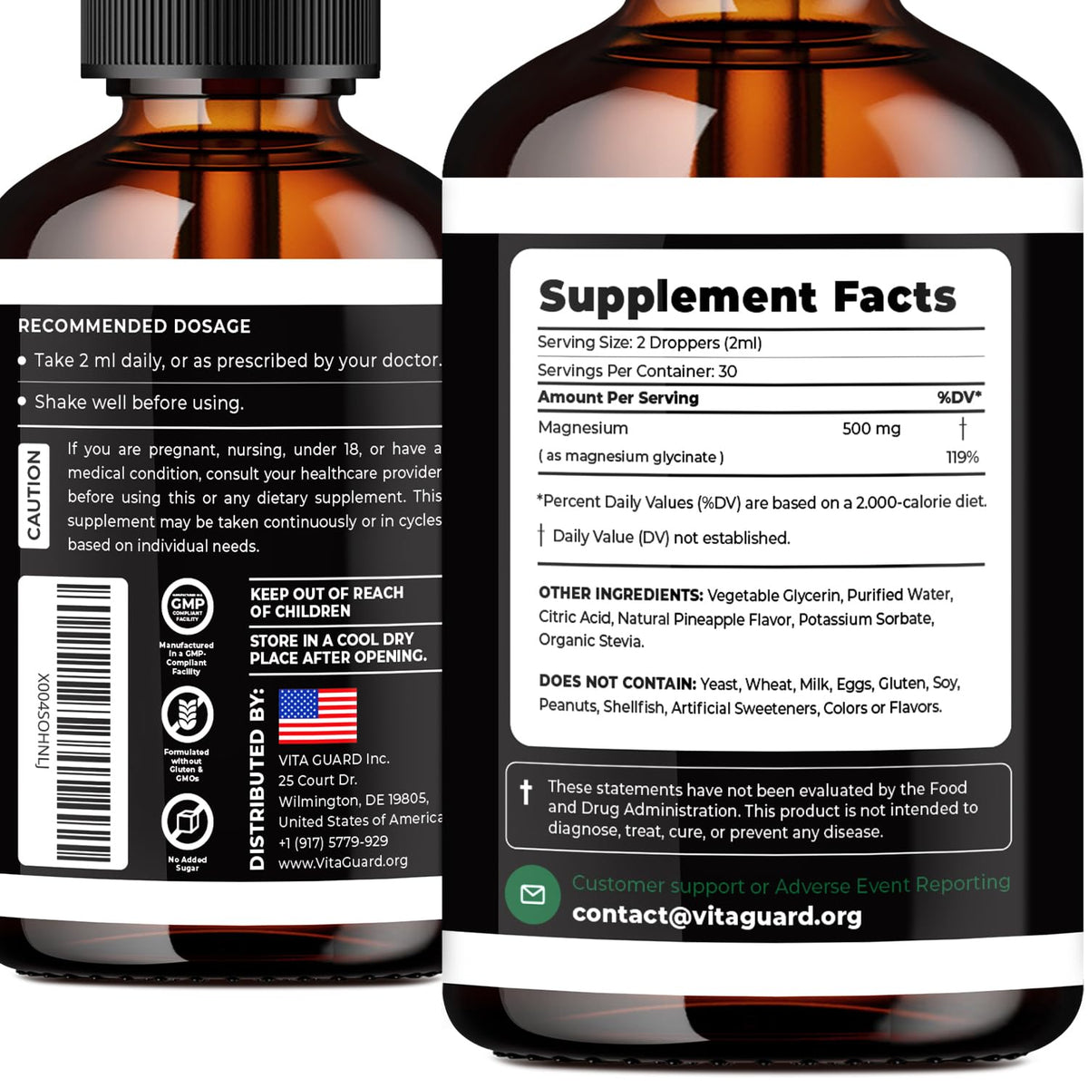 Vita Guard flacon de magnésium glycinate 500mg avec compte-gouttes