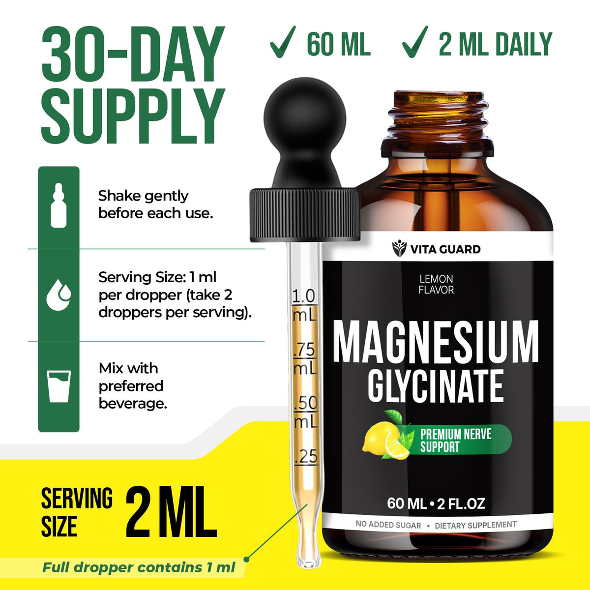 Vita Guard Gouttes de Magnésium Glycinate 500mg, bouteille sur fond neutre