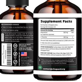 Vita Guard gouttes de magnésium glycinate 500mg étiquette avec ingrédients