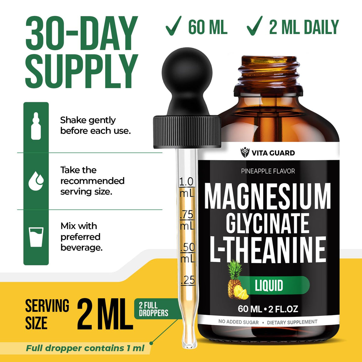 Vita Guard gouttes de magnésium glycinate 500mg sur une table avec fruits