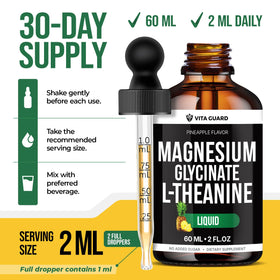Vita Guard gouttes de magnésium glycinate 500mg sur une table avec fruits