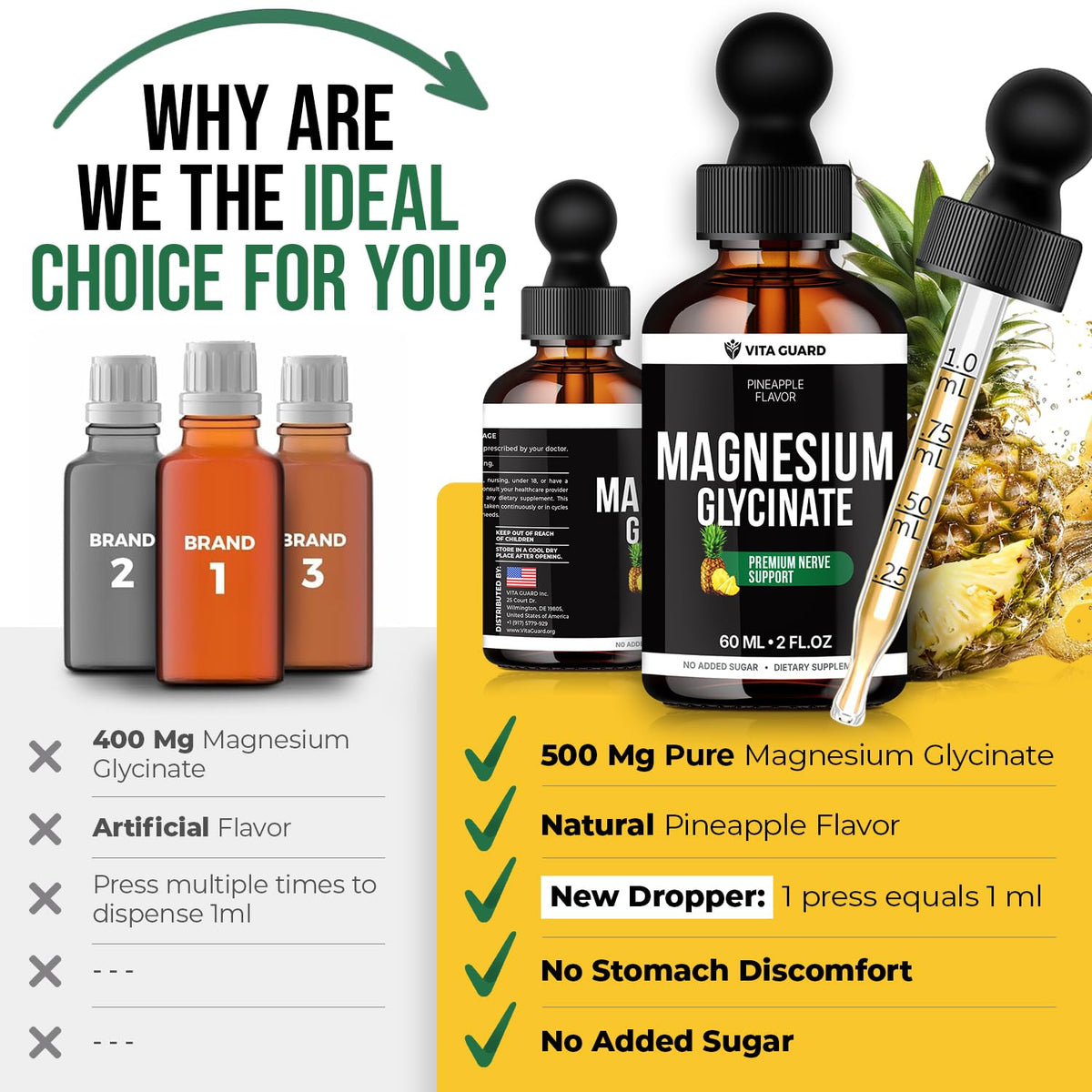 Vita Guard magnésium glycinate 500mg gouttes avec un verre d'eau