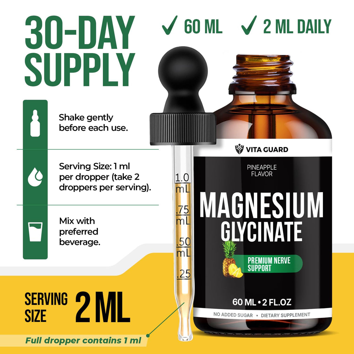 Vita Guard magnésium glycinate liquide 500mg étiquette et ingrédients