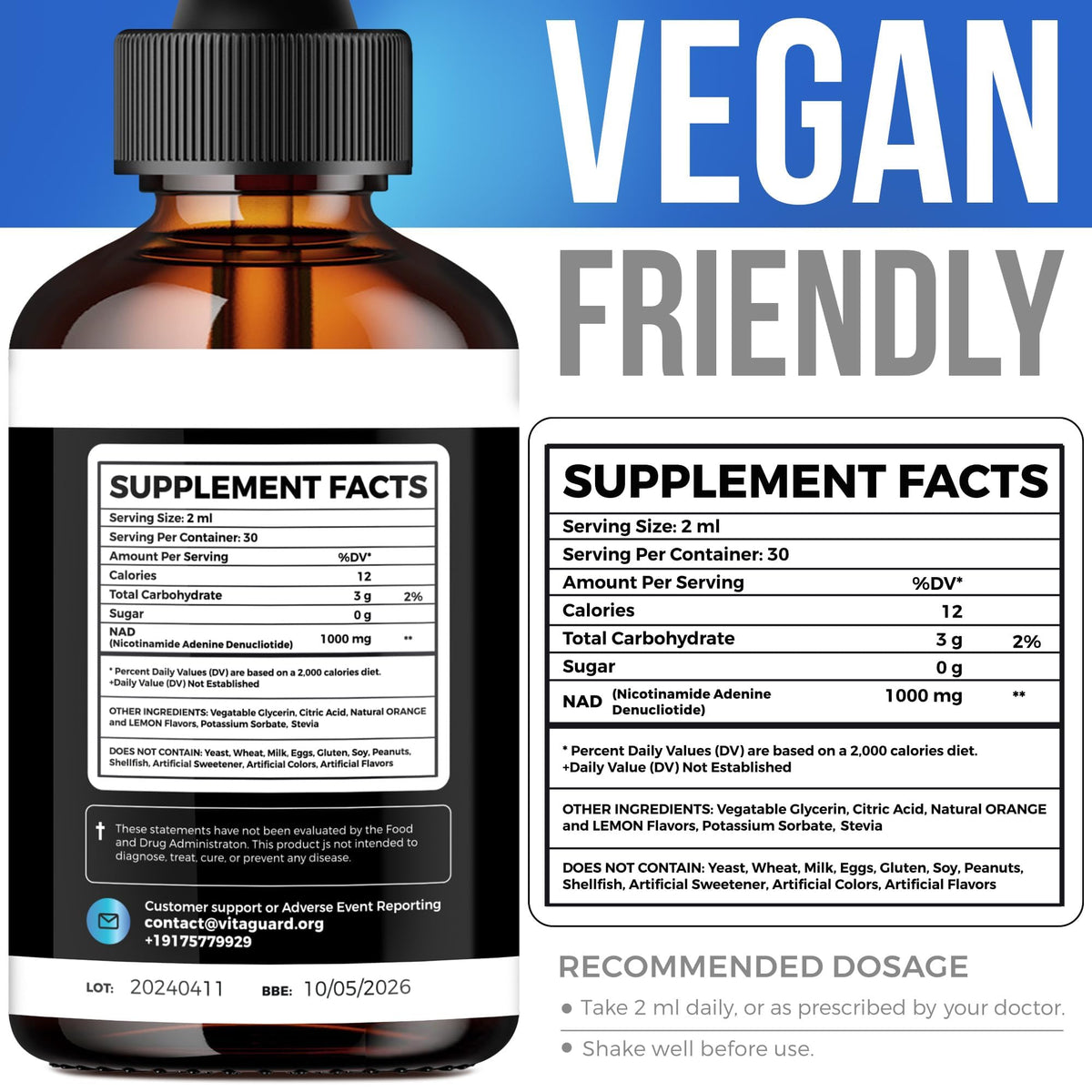 Vita Guard NAD+ 1000mg liquide gouttes avec citron et orange