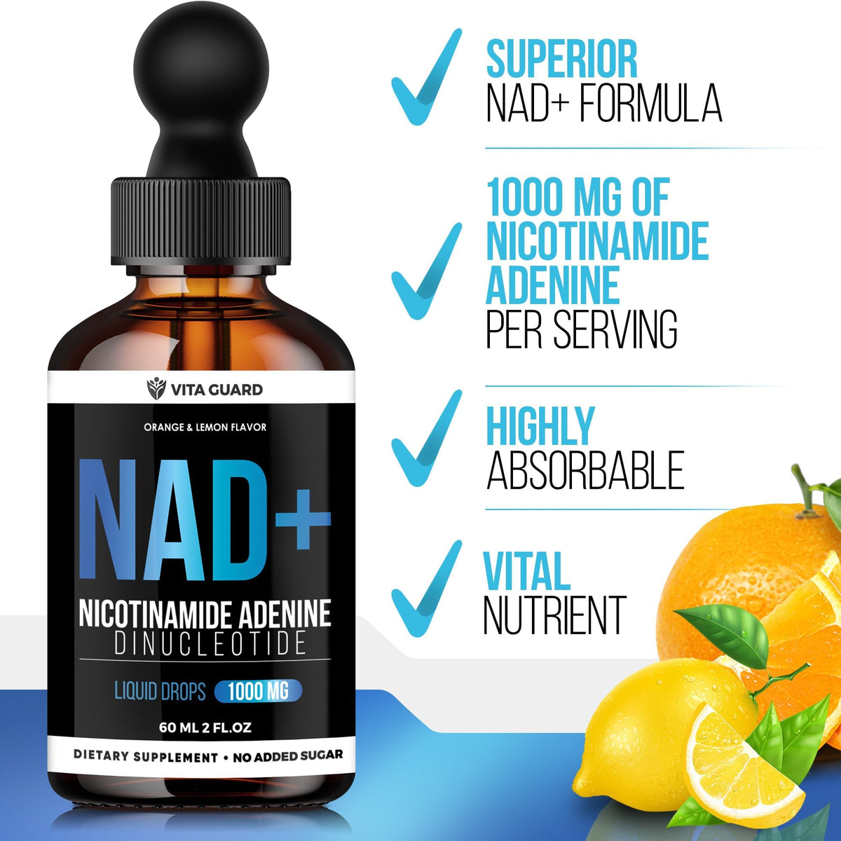 Vita Guard NAD+ 1000mg liquide gouttes sur fond blanc
