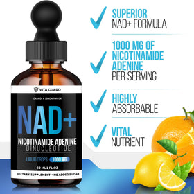 Vita Guard NAD+ 1000mg liquide gouttes sur fond blanc