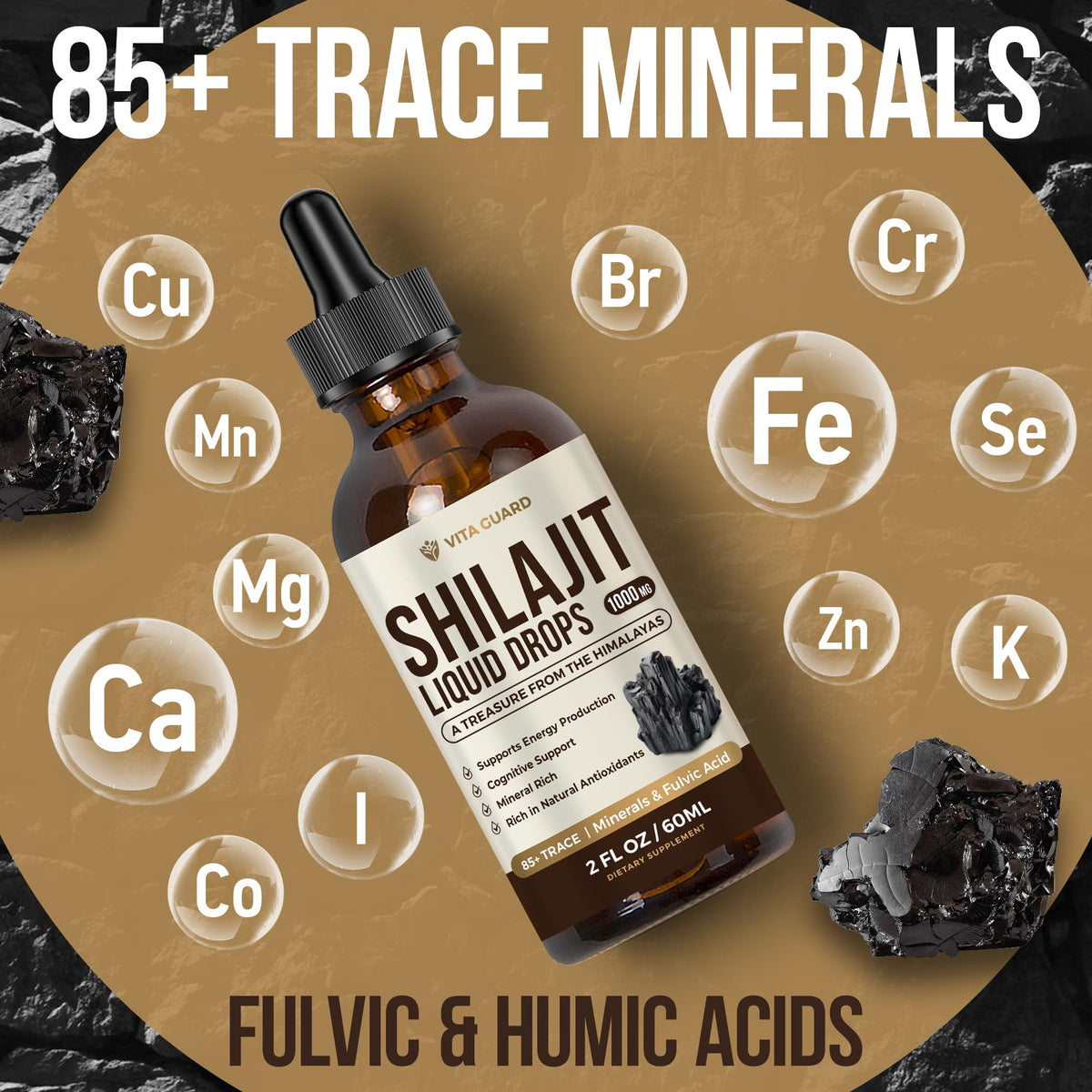 Vita Guard Shilajit Himalayen avec gouttes sur une cuillère