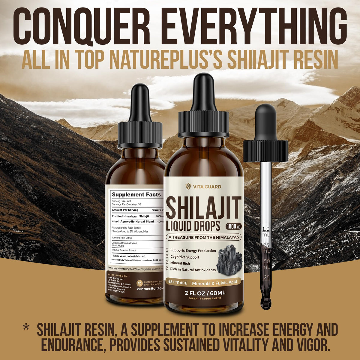 Vita Guard Shilajit Himalayen en train d'être mélangé dans un verre