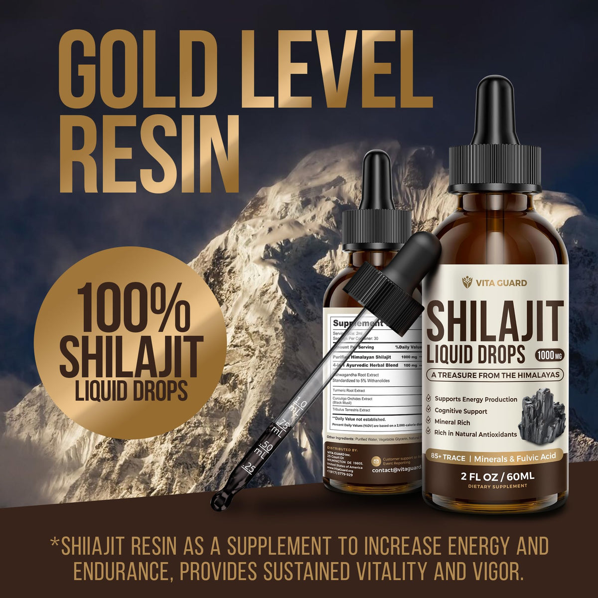 Vita Guard Shilajit Himalayen sur une table avec des herbes