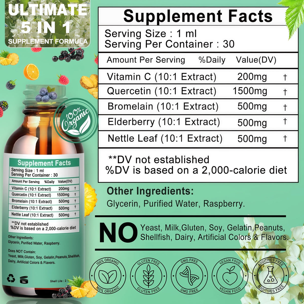 Vita letuo Quercétine Liquide avec ingrédients sur table
