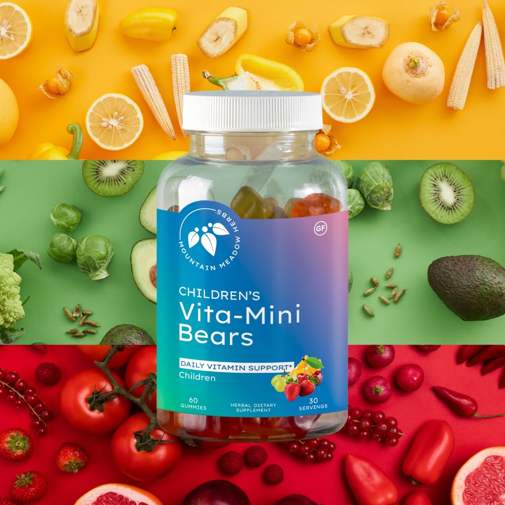 Vita-Mini Bears gummies on a wooden table