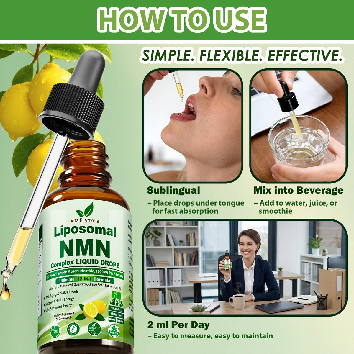 Vita PLynxera Complément NMN 1000mg avec verre d'eau