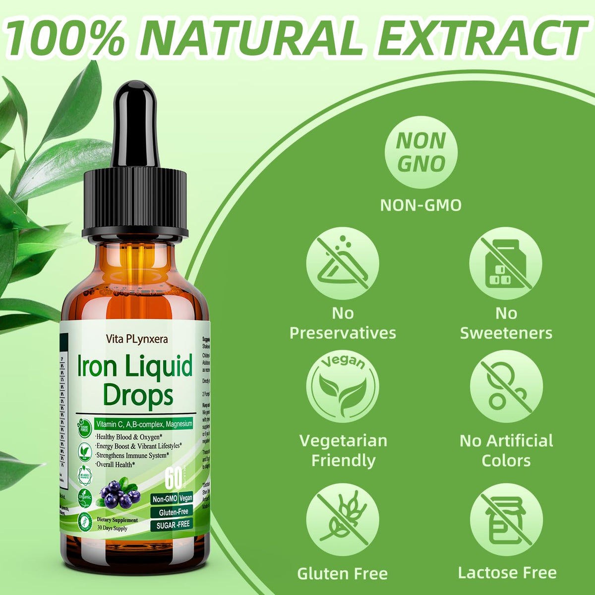 Vita Plynxera Fer Liquide 60ml, gouttes dans un verre