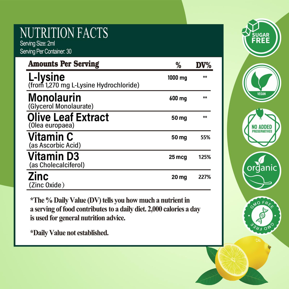 Vita PLynxera L-Lysine sur une table avec des fruits