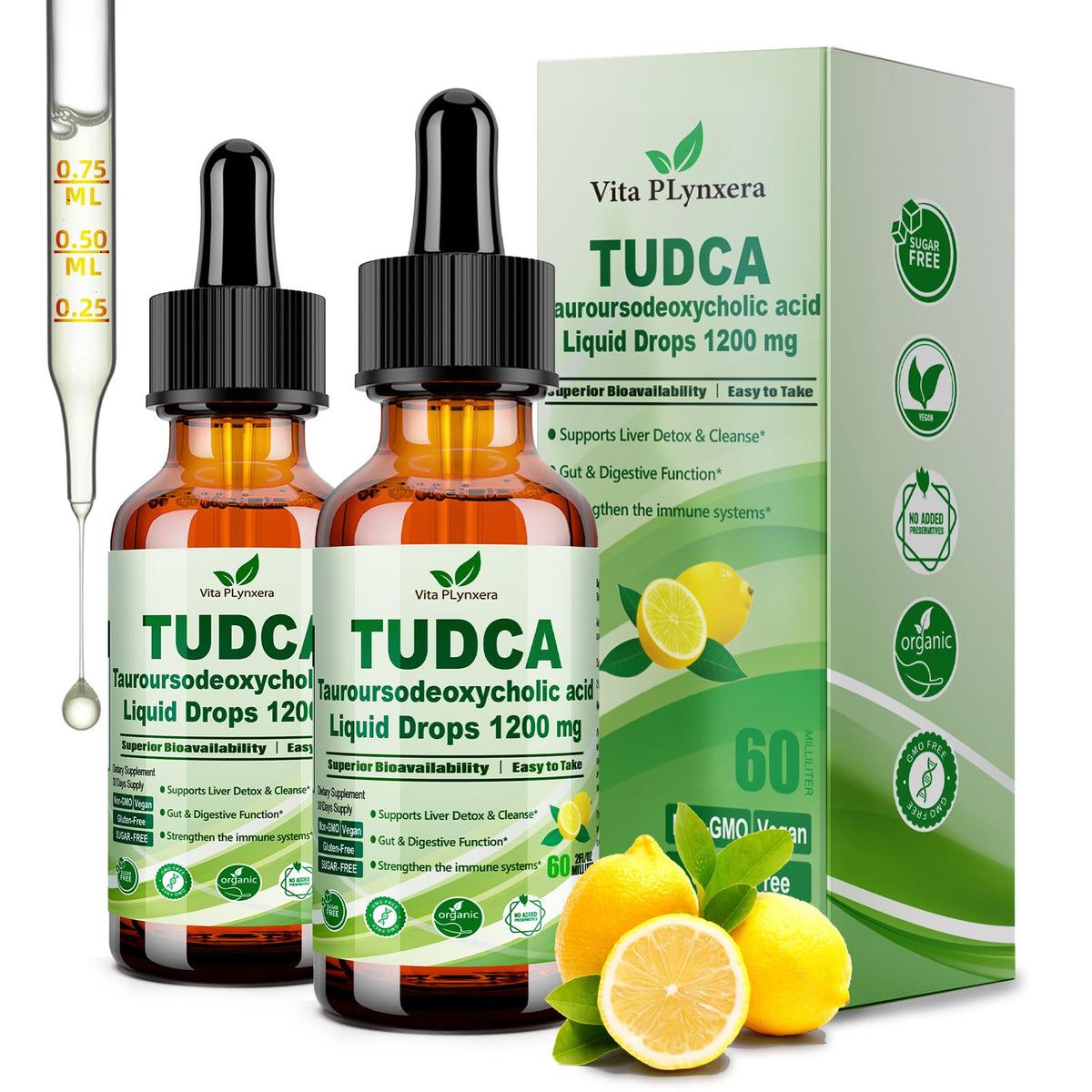 Vita PLynxera TUDCA 2 Pack 1200mg gouttes liquides vue de face