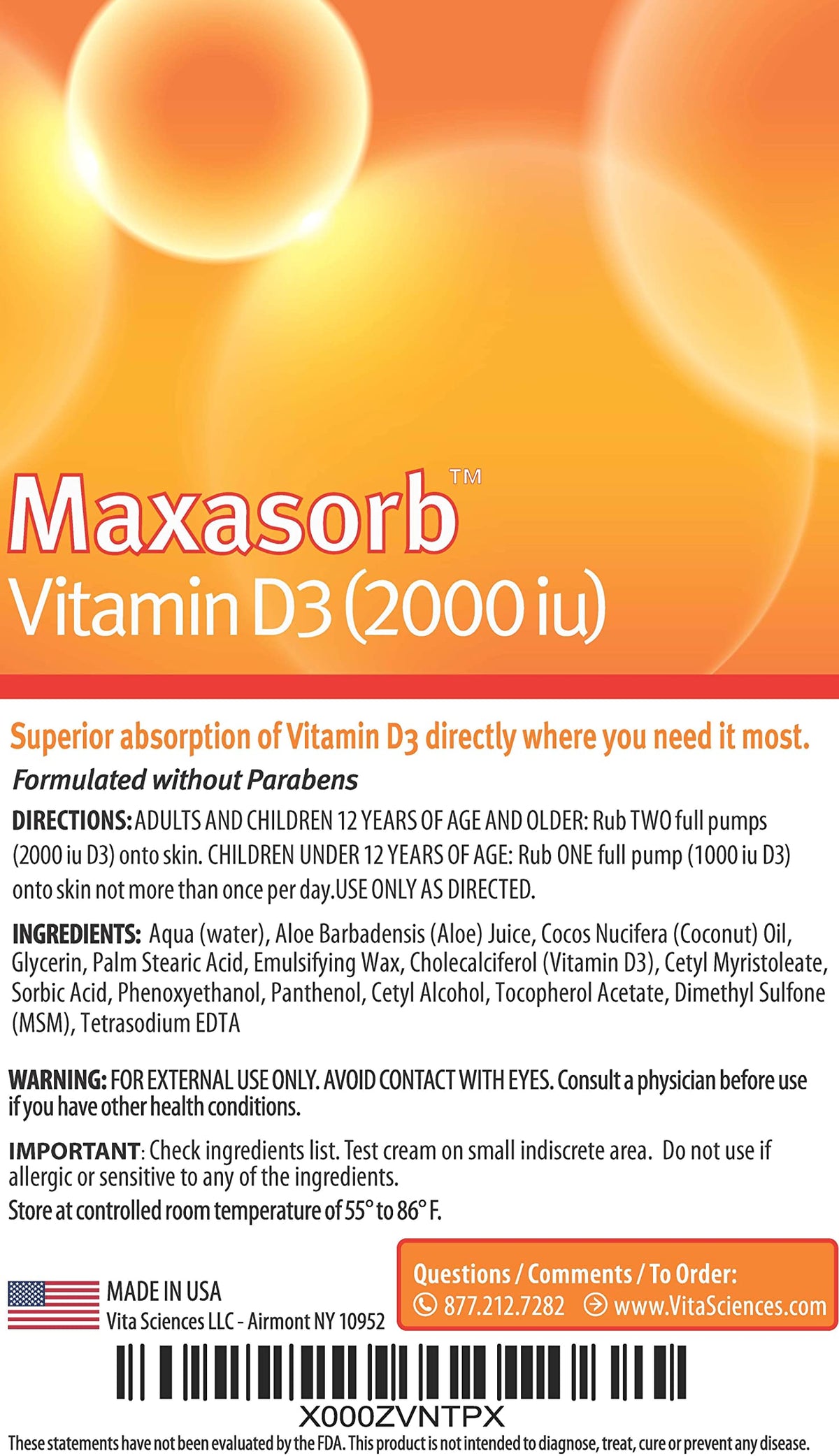 Vita Sciences Crème Maxasorb Vitamine D3 2000 UI ingrédients