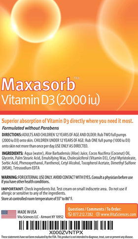 Vita Sciences Crème Maxasorb Vitamine D3 2000 UI ingrédients