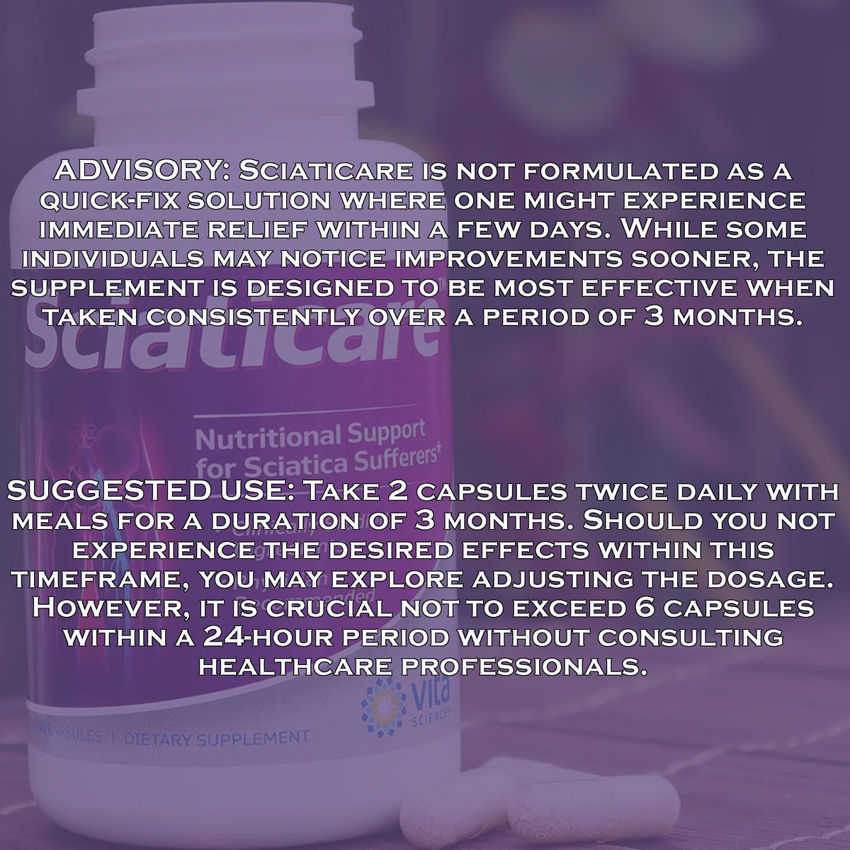 Vita Sciences Sciaticare 60 Capsules ouvertes pour montrer le contenu