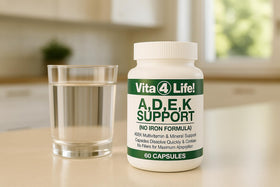 Vita4Life ADEK capsules à côté d'un verre d'eau