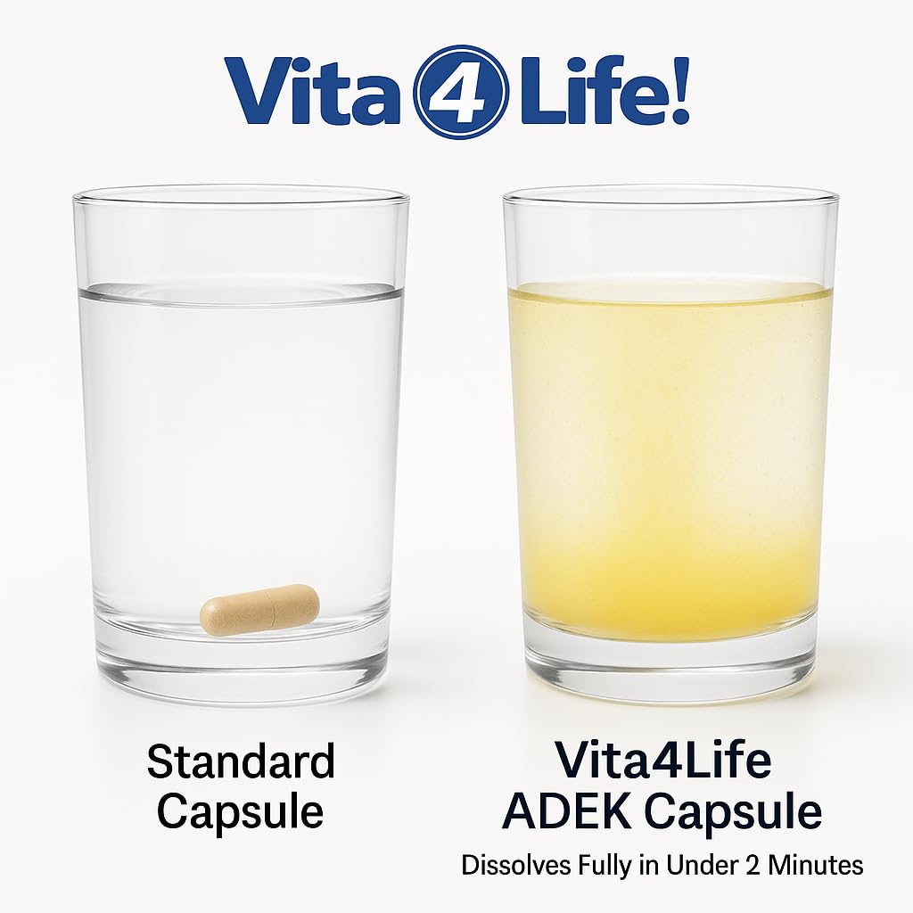 Vita4Life ADEK capsules sur une table avec d'autres compléments